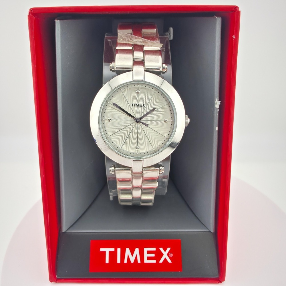 In Box TIMEX Greenwich Ladies Watch White Sunburst Dial Stainless Steel 7.75"